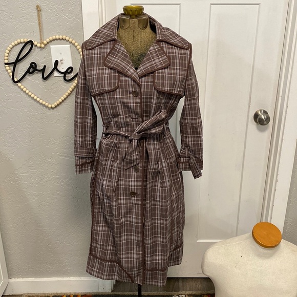 BCBG MAX AZRIA AUDREY PLAID TRENCH BROWN BLUE COAT SMALL - Picture 2 of 16
